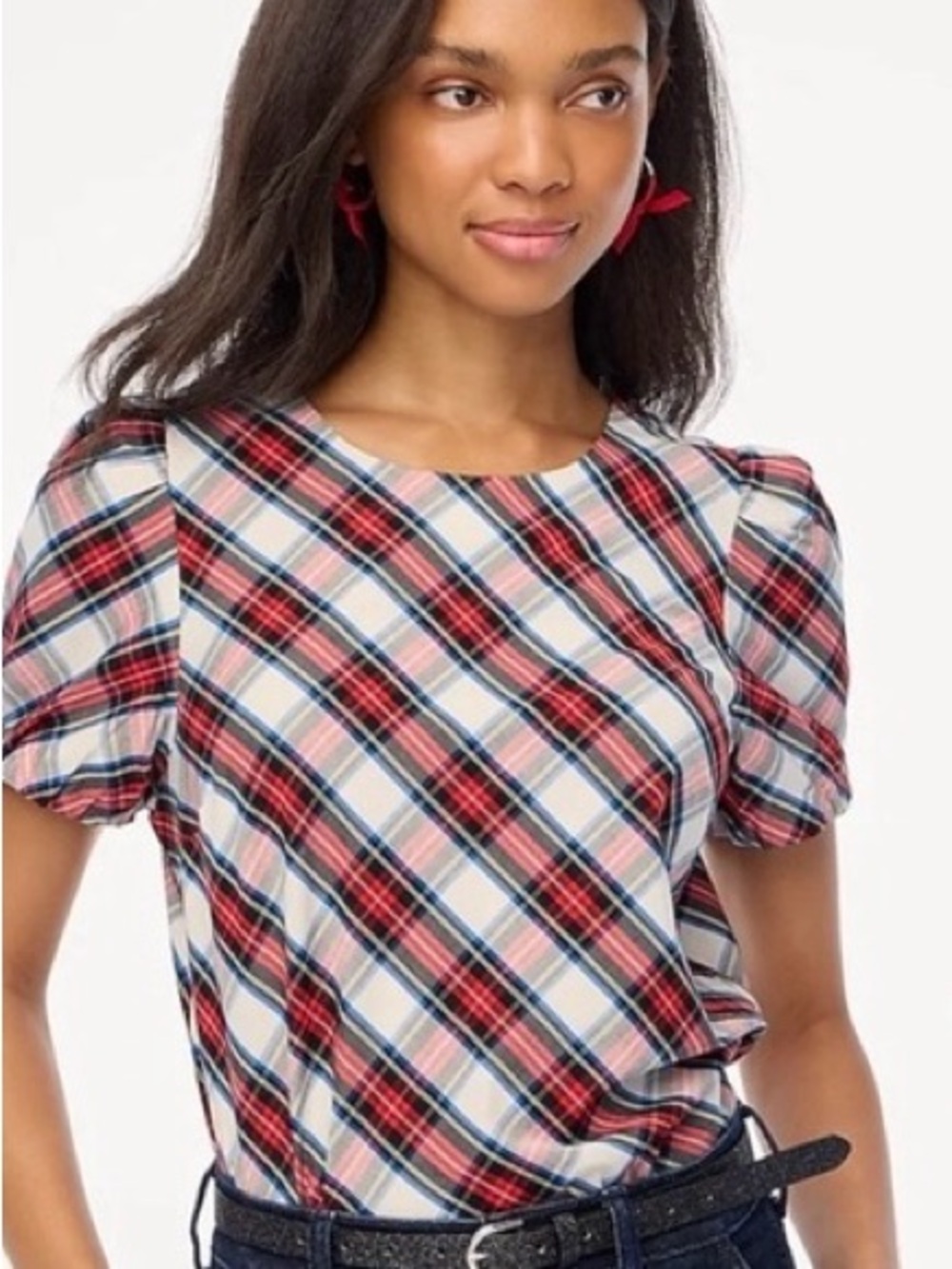 J. Crew White Red White Out Plaid Salt Mu
Tartan Puff Sleeve Blouse Shirt L NWT